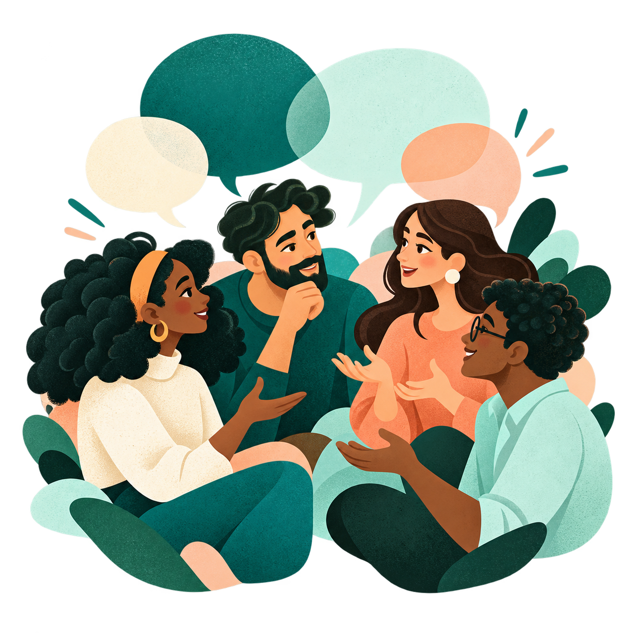 Pessoas trocando ideias com balões de conversa